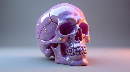 A vibrant purple skull adorned with shimmering gold specks, exuding a striking and artistic appeal.