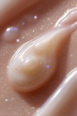 Fototapeta premium A close-up view of a shimmering cosmetic cream, showcasing a glossy texture with sparkling particles, This image is ideal for beauty product ads, skincare blogs, or cosmetic packaging designs,