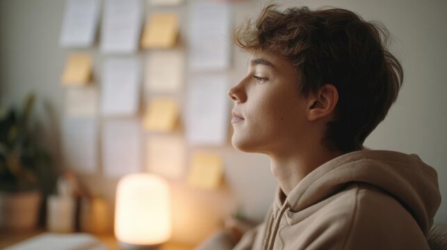Young man sitting on a couch, looking up towards the sky. he is wearing a beige hoodie and has short, curly hair. the background is blurred, but it appears to be a room with a desk and a lamp.