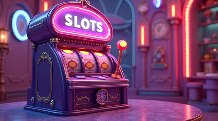 A vibrant and colorful slot machine with neon lights, set in a whimsical casino environment.
