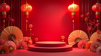 A vibrant red stage adorned with golden fans and lanterns, creating an elegant atmosphere for celebrations.