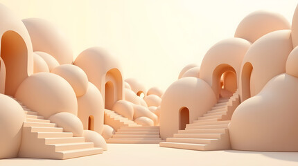 Dreamy abstract landscape featuring soft, rounded structures and gentle staircases, evoking tranquility and creativity.