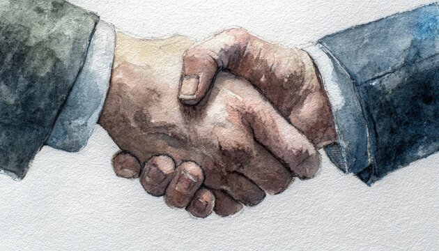 A watercolor illustration of two hands shaking symbolizes partnership and agreement, suitable for articles on business cooperation, networking, or negotiations,