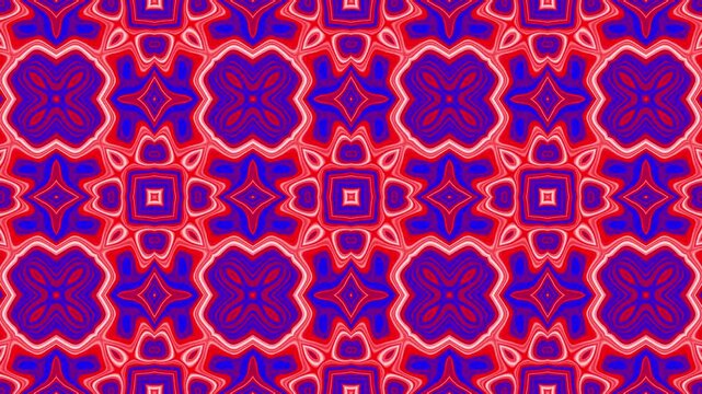 Repeating kaleidoscope pattern with blue, red, and purple symmetrical shapes.
