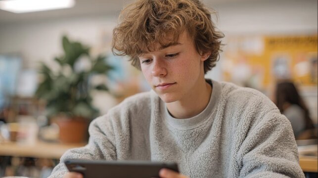 Young boy sitting at a table in a library or study area. he is wearing a grey sweatshirt and has curly blonde hair.