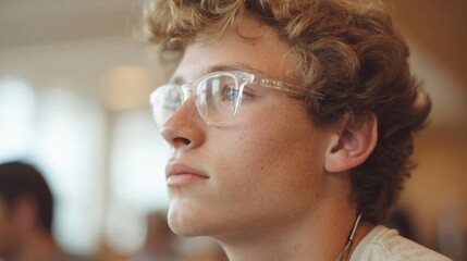 Naklejka premium Close-up portrait of a young man with curly blonde hair and glasses. he is looking off to the side with a serious expression on his face.