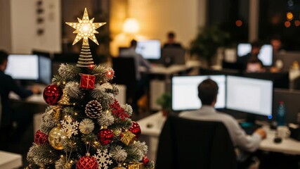 Christmas tree decorated in office holiday workspace with business team planning sales strategy and analytics boosting festive productivity collaborative spirit and year end teamwork notes on desks