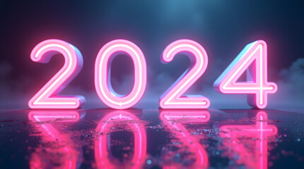 Bright neon 2024 display glowing against a dark, smoky background, radiating excitement for the upcoming year.