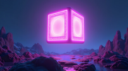 A glowing pink cube floating over a serene alien landscape, exuding a mystical and futuristic ambiance.
