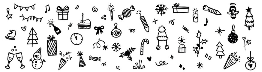 Cute christmas doodle icon sketch set in simple minimalist style. Vector holiday ornamental winter illustration for decoration with snowflake, bunting, cap, gift boxes and lollipops. 