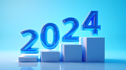 Blue, glossy numbers '2024' on ascending white blocks symbolizing growth and new beginnings.
