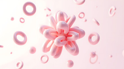 A swirling arrangement of pink and white organic shapes creating a dynamic, playful atmosphere.