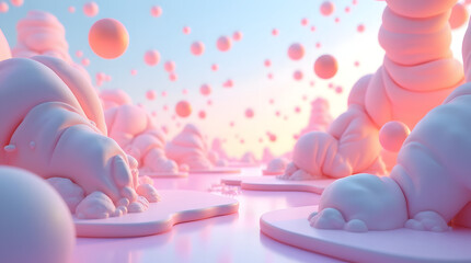 Stylized pink abstract landscape with smooth, organic forms and floating spheres creating a dreamy atmosphere.