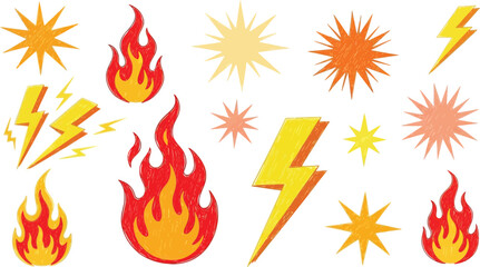 Retro fire lightning and starbursts on white background