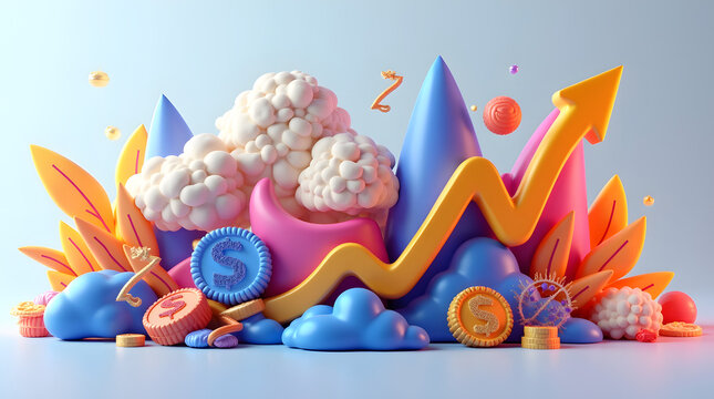 A vibrant 3D composition featuring colorful clouds, mountains, and symbols of wealth, embodying growth and prosperity.