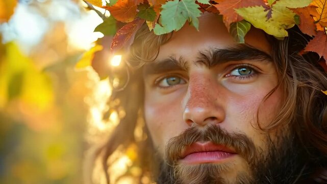 A man with a wreath of leaves on his head