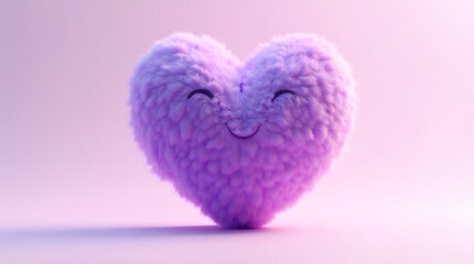 A cheerful, fluffy purple heart character with a smiling expression, perfect for conveying love and happiness.