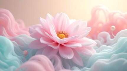 A delicate pink lotus flower surrounded by soft, swirling pastel colored fabric, creating a serene and dreamy atmosphere.