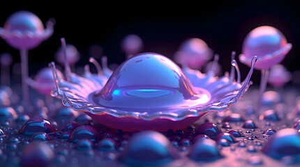A vibrant water droplet creating a splash, surrounded by shimmering liquid spheres in a colorful, dreamy ambiance.