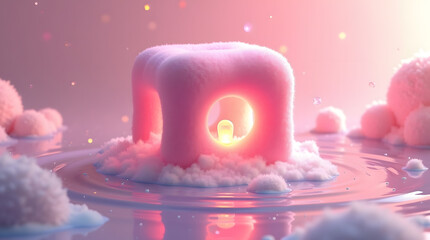 A whimsical pink soft structure with a glowing center, surrounded by fluffy cloud-like elements, creating a dreamy atmosphere.