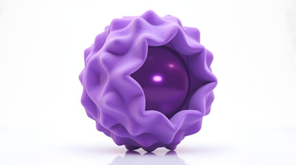 Abstract purple sculpture with a glossy central sphere, exhibiting modern design elements and a vibrant aesthetic.