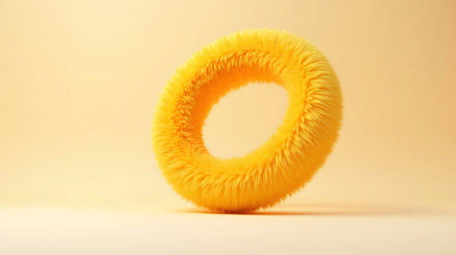 A fluffy yellow circular object with a fuzzy texture, vibrantly contrasting against a soft yellow background.