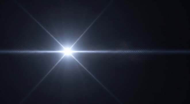 Bright white lens flare effect with star shape and horizontal light streaks on a deep backdrop.