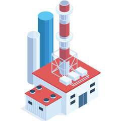 Industrial Factory Building With Red Roof And Tall Chimney In Isometric View On Transparent Background