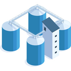 Industrial Grain Silo Complex With Connecting Walkways And Processing Building Under Natural Daylight In A Flat Design Style