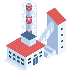 Industrial Factory Building With Tall Chimney and Conveyor System Isometric View With Red Roof White Walls And Blue Accents On Transparent Background