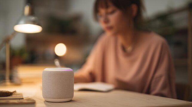 Young woman sitting at a wooden table with a smart speaker in front of her. she is wearing a pink blouse and appears to be deep in thought. - Powered by Adobe