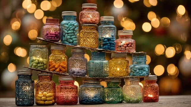 Colorful glass jars filled with assorted capsules and pills are arranged like a festive tree, glowing warmly against soft holiday lights.