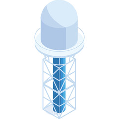 Isometric illustration of a light blue and white water tower with a tall blue grid structure base on a transparent background