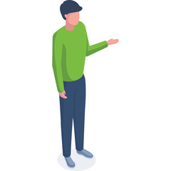 Isometric illustration of a man in a green long sleeve shirt and blue pants standing with his hand outstretched on a blue circular base against a white background