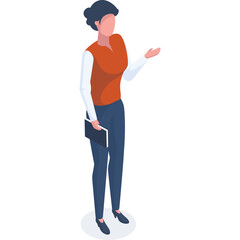 Isometric illustration of a woman wearing an orange vest and blue pants holding a black tablet gesturing with her hand on a transparent background