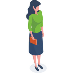 Isometric illustration of a woman with dark hair wearing a green long sleeve shirt and dark blue skirt holding an orange folder standing on a blue circular platform with a transparent background