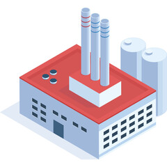 Isometric Industrial Factory Building with Red Roof and Tall Chimneys Emitting Smoke Under Bright Daylight With Transparent Background
