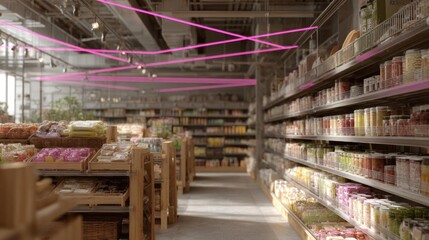 Fototapeta premium The interior of a grocery store. the store has a high ceiling with exposed beams and large windows that let in natural light.
