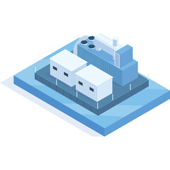 Isometric industrial power plant with blue and white structures on a blue water platform with clean transparent background