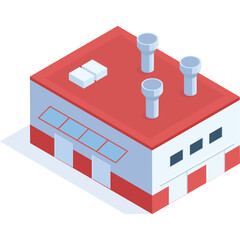 Isometric Red Roof Industrial Building With Three Chimneys And Blue Windows On A White Background