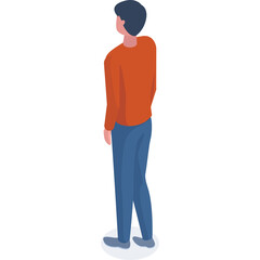 Isometric View of a Man with Dark Hair Wearing an Orange Long-Sleeved Shirt and Blue Jeans Standing on a Light Blue Circular Base Against a White Background Ideal for Graphic Design