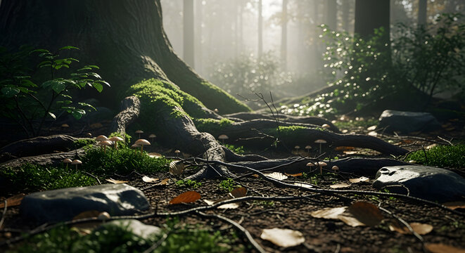 Mysterious forest floor close-up showing thick tree roots covered in bright green moss, small mushrooms, and fallen leaves under diffused sunlight and mist.