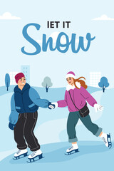 Winter activities card banner. People are ice skating. Flat cartoon vector illustration.