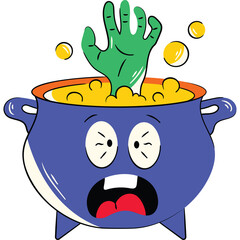 Halloween Cartoon Witch Cauldron With Green Hand Rising From Bubbling Potion And Cartoon Face Expressing Fear And Shock With Yellow Bubbles Floating Around On A Transparent Background