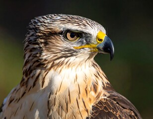 A close-up portrait of a bird of prey, showcasing its sharp, hooked beak and piercing gaze. The eye is focused