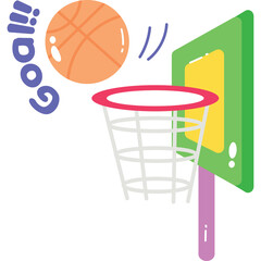 Hand drawn illustration of a basketball going into a hoop with the word goal and exclamation marks on a transparent background
