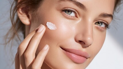 A close-up of a young woman applying skincare cream, showcasing healthy, glowing skin, This image can be used in beauty, skincare, or wellness marketing materials,
