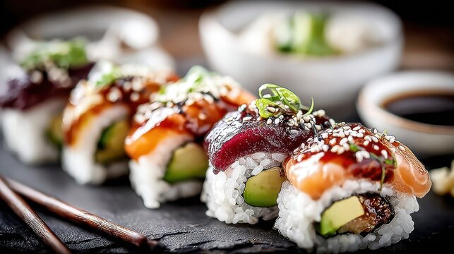Assorted sushi rolls serving with chopsticks and soy sauce