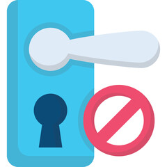 Illustration of a blue door handle with a keyhole and a red prohibition sign indicating restricted access or no entry warning symbol
