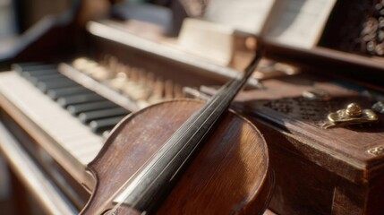 Close-up of a violin resting on top of an old piano. the violin is made of wood and has a dark brown finish. the bow of the violin is resting on the keys of the piano, which are white and black.